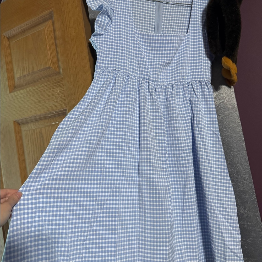 Light Blue Gingham Square-Neck Casual Dress